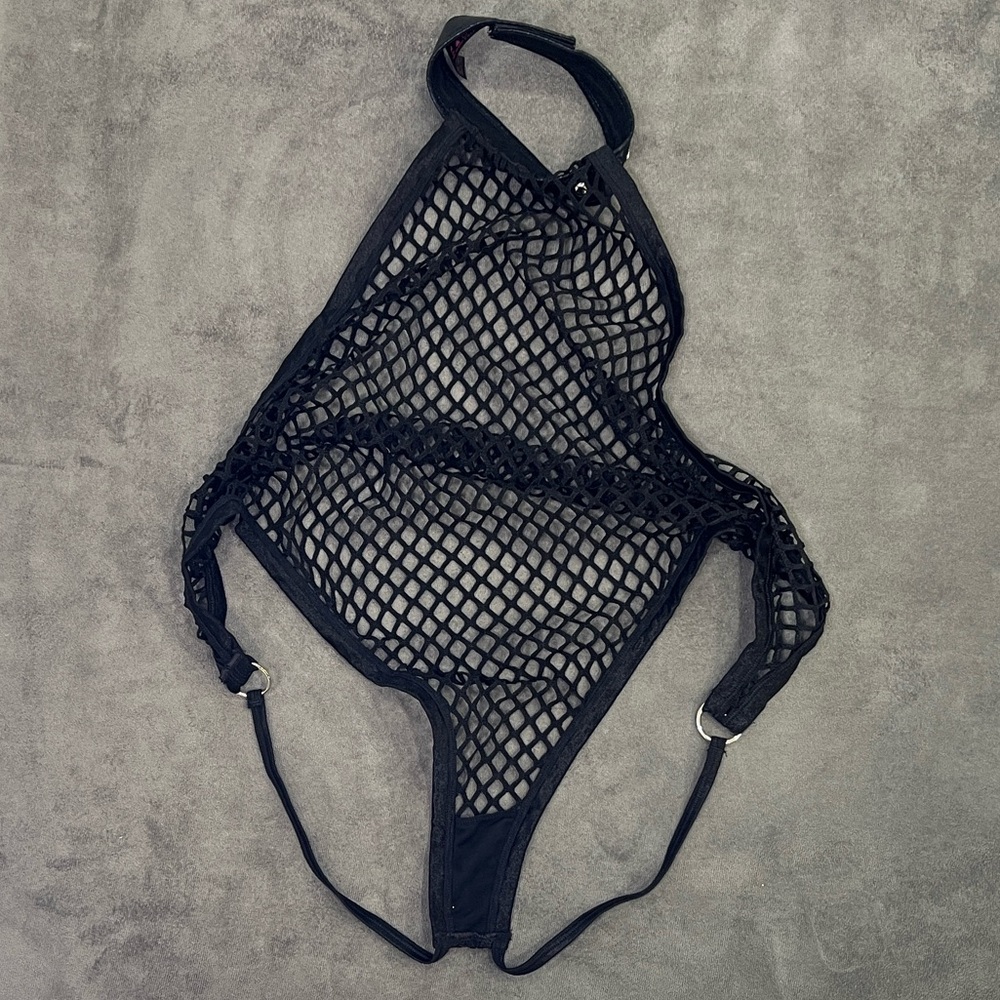 Dreamgirl Black Fishnet Open Back Collar Bodysuit S/M - Picture 8 of 13